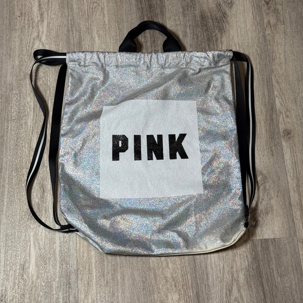 PINK Victoria's Secret Silver Holographic Iridescent Drawstring Backpack‎ Y2K